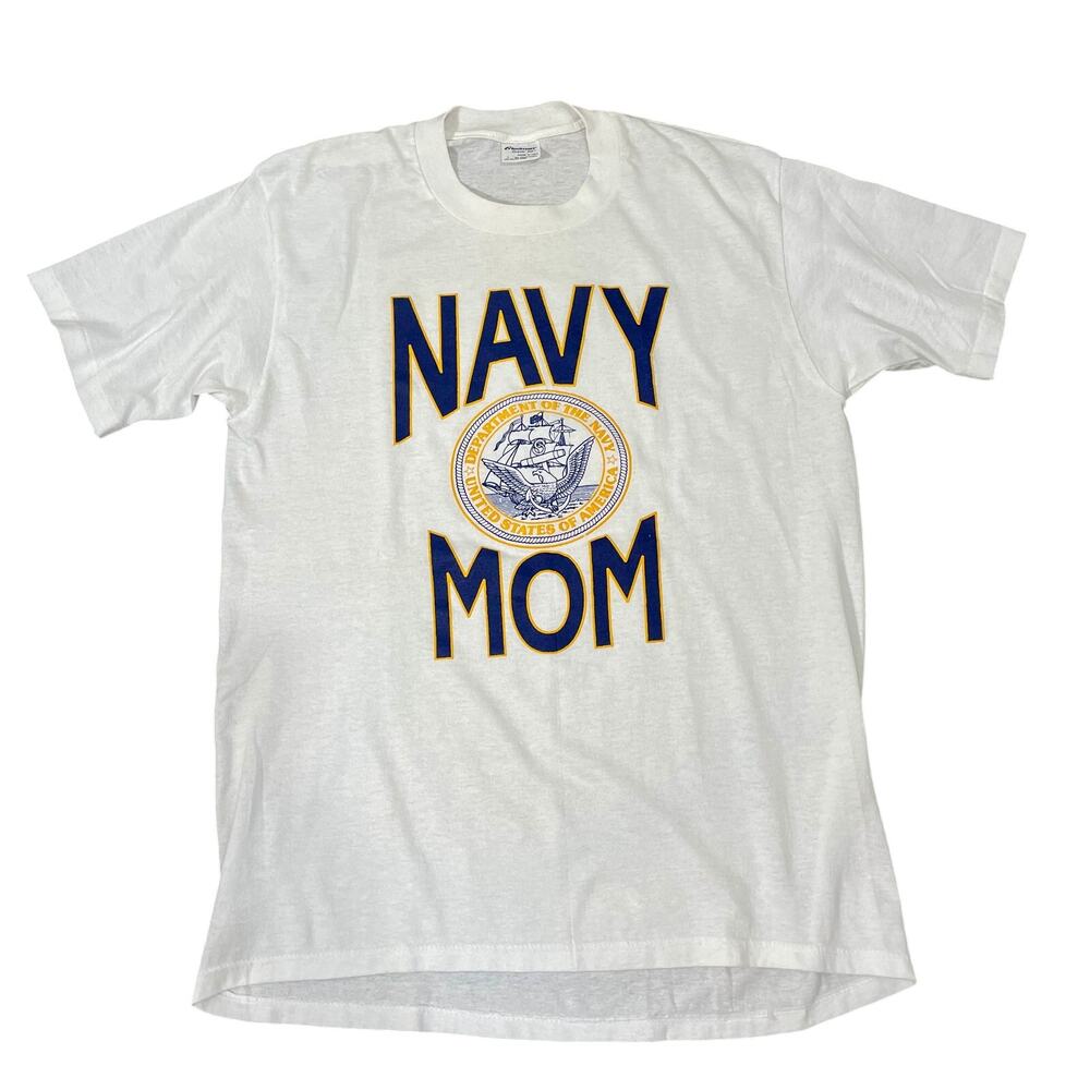 Vintage 90s Stedman White Crewneck T-Shirt Navy Mom Graphic Single Stitch